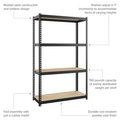 Space Solutions 1000 Riveted Steel Shelving 4-Shelf Unit, 12" x 30" x 48", Black (22540)