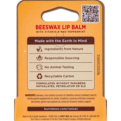 Burt's Bees Vitamin E and Peppermint Lip Balm, 0.15 oz Tube, 6 Tubes/Box, 8 Boxes/Carton
