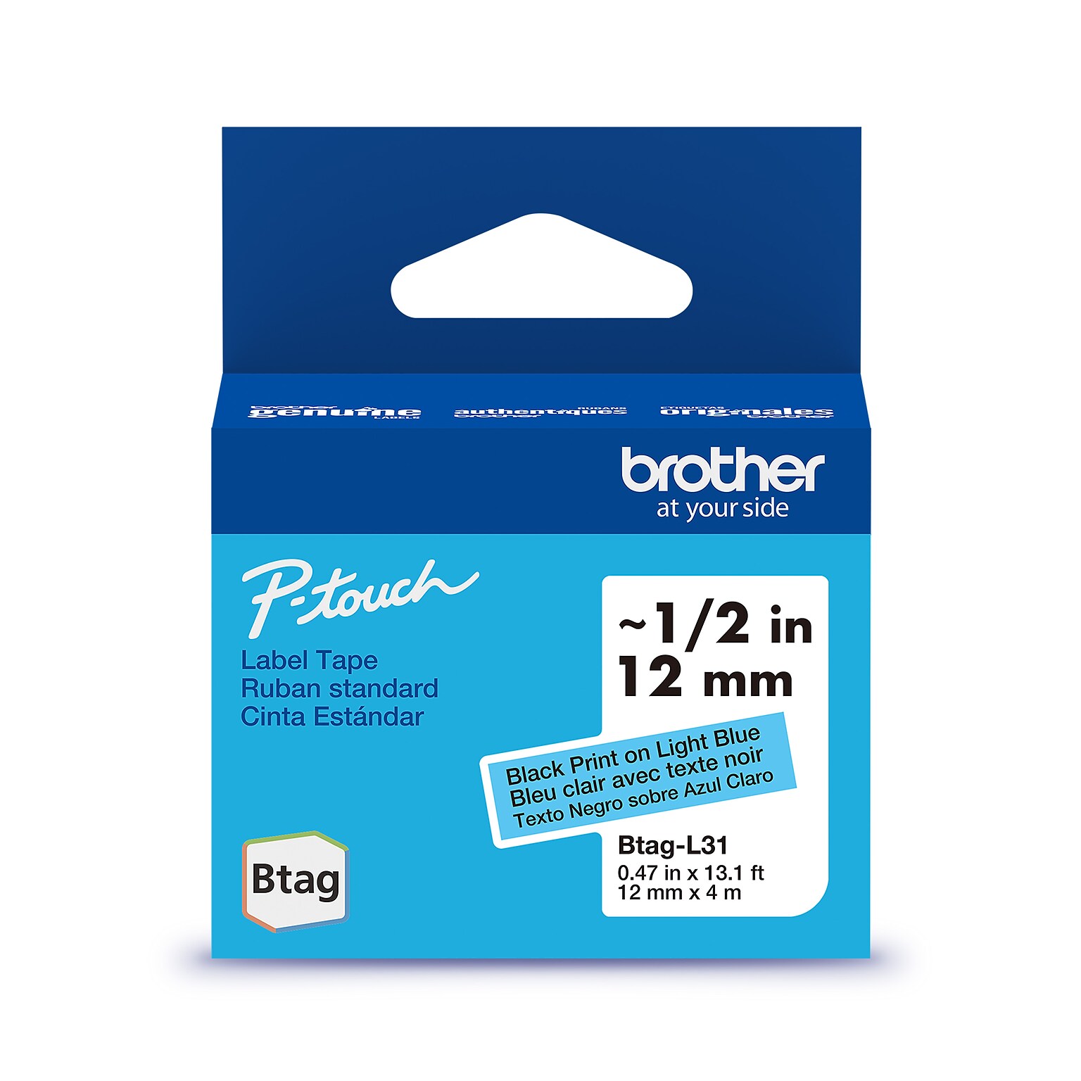 Brother P-touch Btag Label Tape, 1/2 x 13.1 (12mm x 4m), Black on Light Blue (BTAGL31)