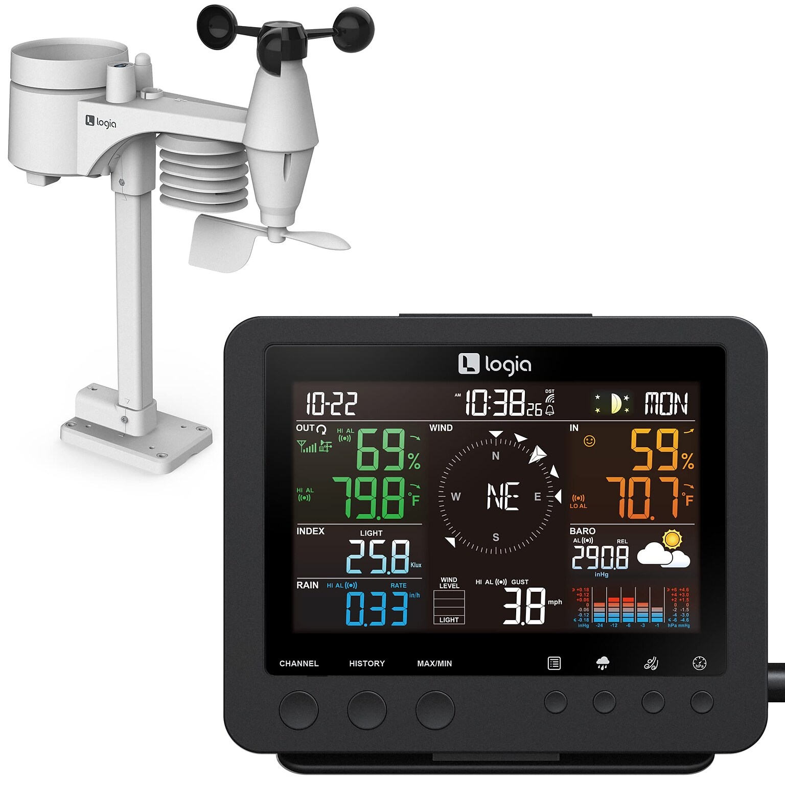Logia 7-in-1 Weather Station Indoor/Outdoor Weather Station w/ Temperature Humidity, Alarm & More (LOWSC710B)