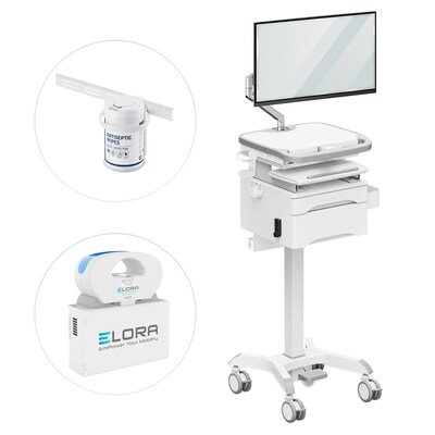 Mount-It! MedHub Powered Medical Cart with 2 Lockable Drawers, Monitor Arm, Scanner & Wipes Holders, White/Gray (MI-16066)