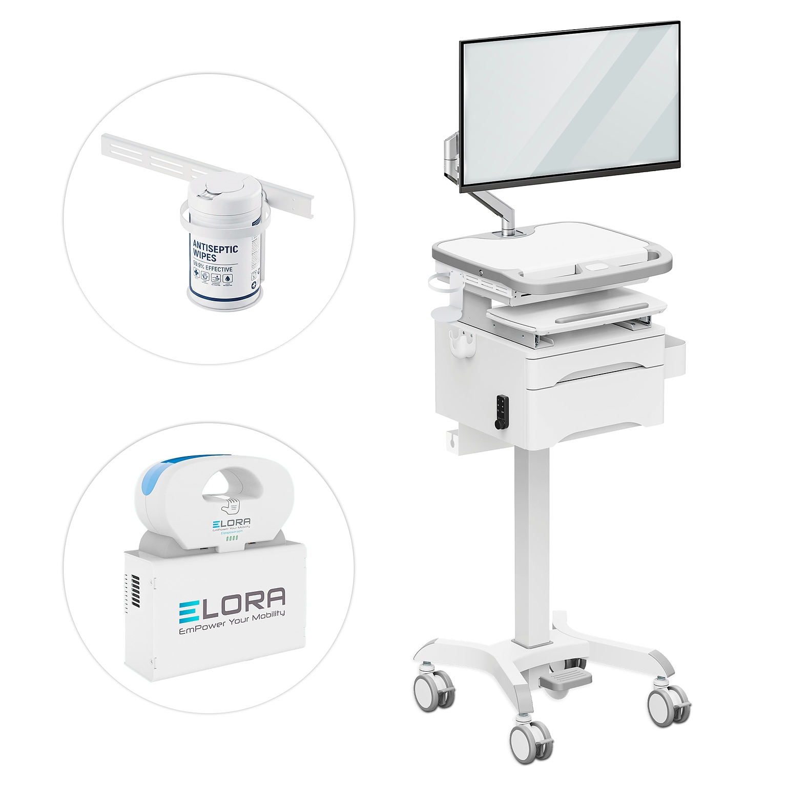 Mount-It! MedHub Powered Medical Cart with 2 Lockable Drawers, Monitor Arm, Scanner & Wipes Holders, White/Gray (MI-16066)