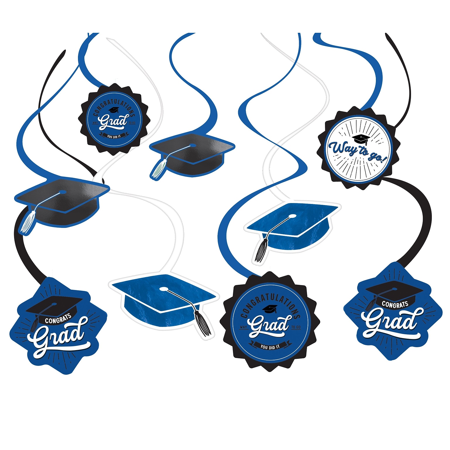 Party City School Spirit Decorative Foil Whirls, Blue/Black/White, 12/Pack (AM671675-105)