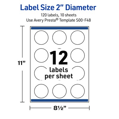 Avery Laser/Inkjet Circle Multipurpose Labels, 2" Dia., White, 120/Pack (S00-F48)