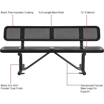 Global Industrial 6' Outdoor Steel Picnic Bench w/ Backrest, Perforated Metal, Black (694557BK)