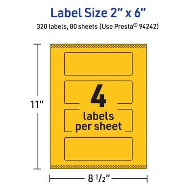 Avery Laser/Inkjet Rectangle Multipurpose Labels, 2" x 6", Bright Yellow, 320/Box (94242)