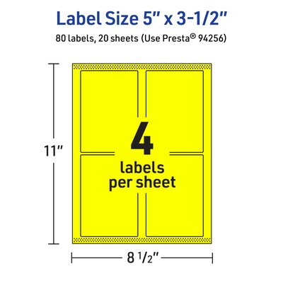 Avery Laser/Inkjet Multipurpose Rectangle Labels, 5" x 3.5", Neon Yellow, 80/Pack (94256)