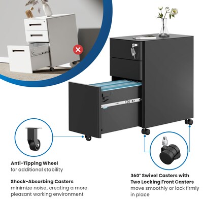 Mount-It! 3-Drawer Mobile File Cabinet, Letter/Legal Size, Lockable, 23.35"H x 11.81"W x 19.69"D, Black (MI-944B)