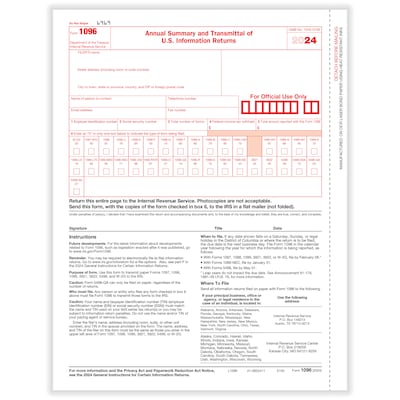 ComplyRight 2024 1096 Tax Form, 1-Part, Transmittal, 25/Pack (510025)