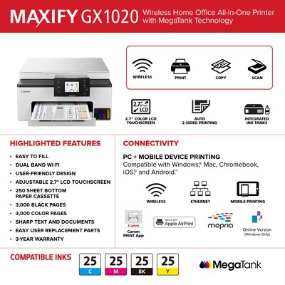 Canon MAXIFY GX1020 Wireless Color Inkjet Printer, All-In-One Supertank, Print, Scan, Copy (GX1020)