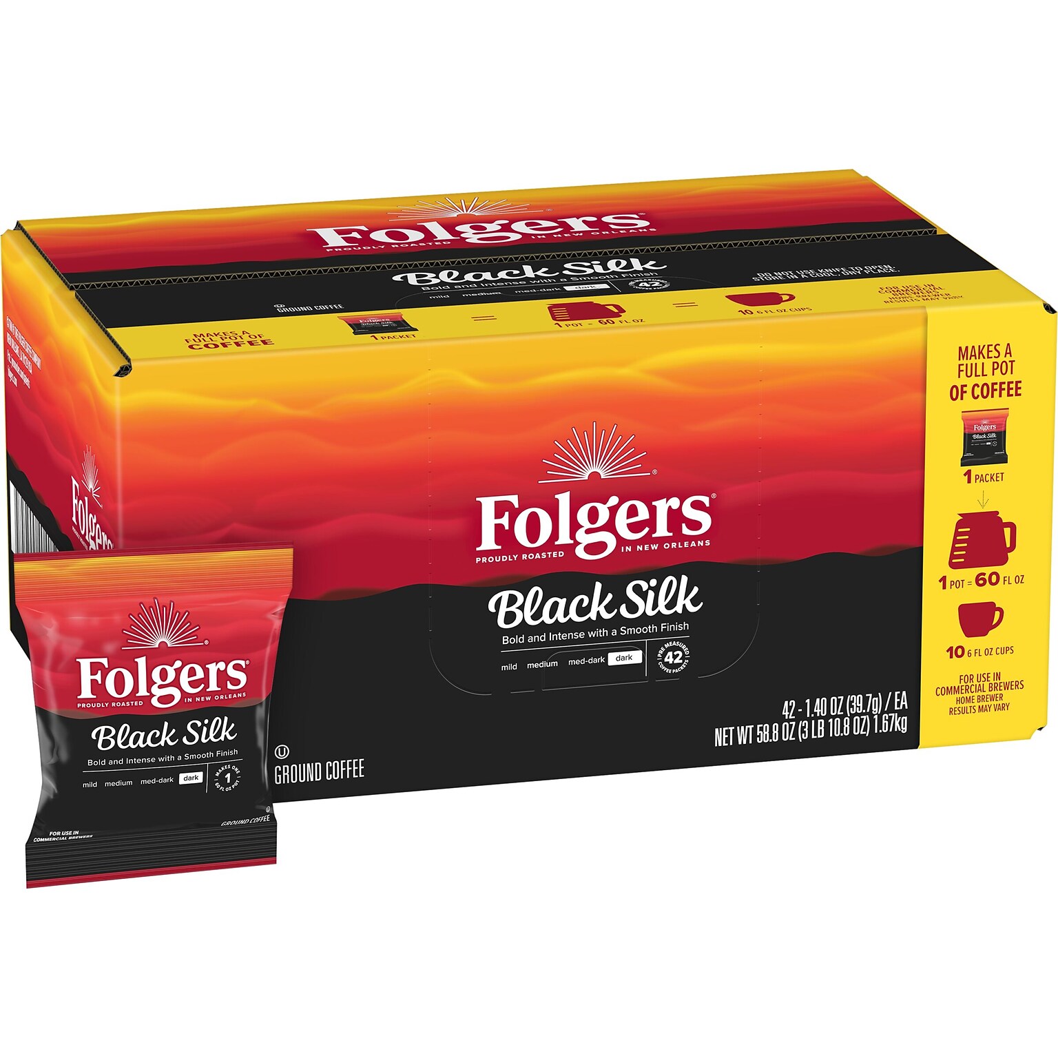 Folgers Black Silk Ground Coffee Packet, Dark Roast, 1.4 oz., 42/Carton (SMU00019)