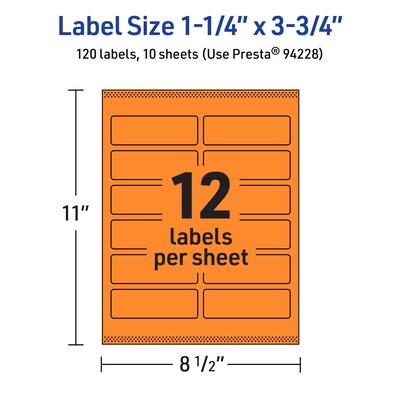 Avery Laser/Inkjet Multipurpose Rectangle Labels, 1.25" x 3.75", Bright Orange, 120/Pack (94228)