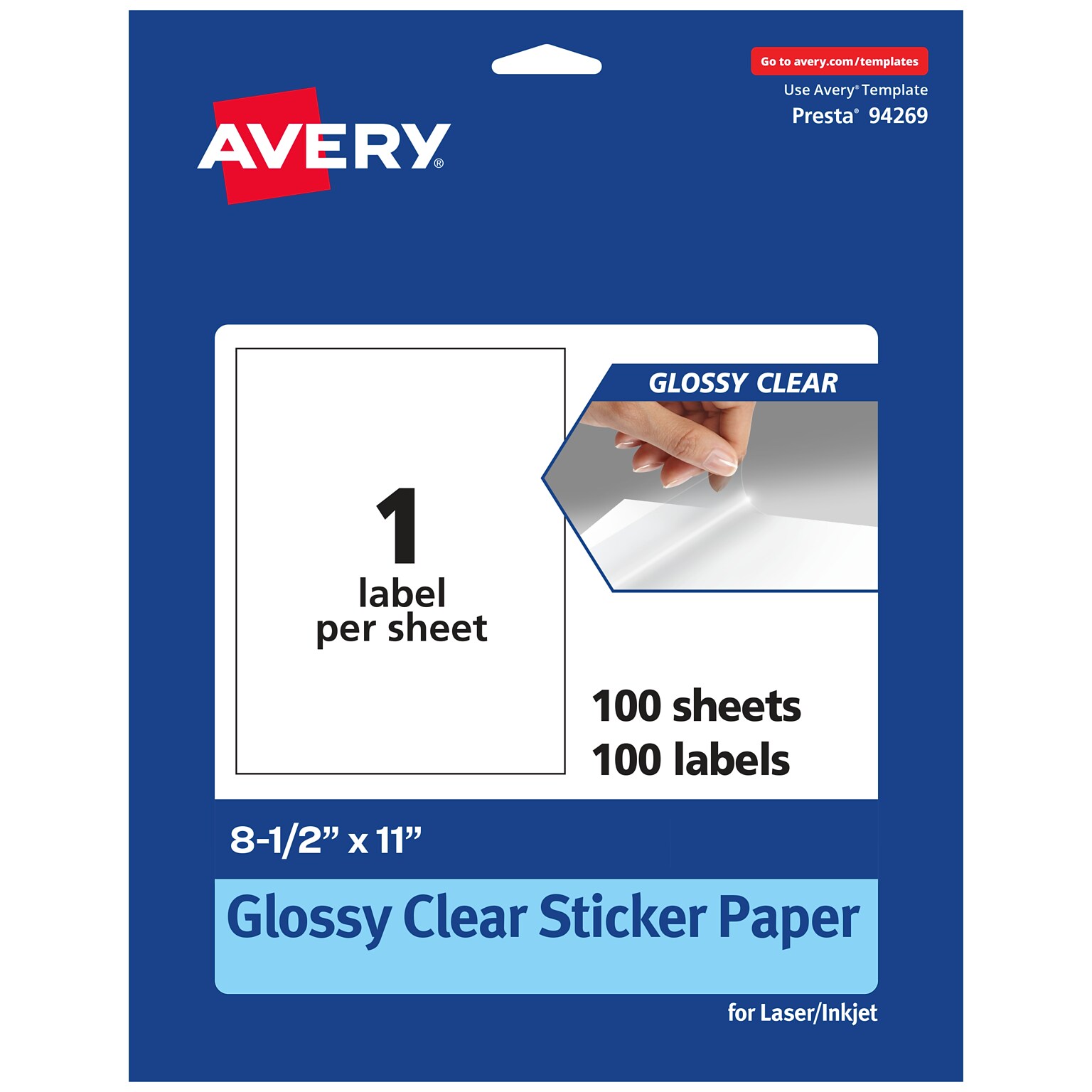 Avery Laser/Inkjet Multipurpose Labels, 11 x 8.5, Glossy Clear, 100/Box (94269)