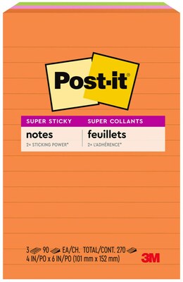 Post-it Super Sticky Notes, 4 x 6, Energy Boost Collection, Lined, 90 Sheet/Pad, 3 Pads/Pack (6603