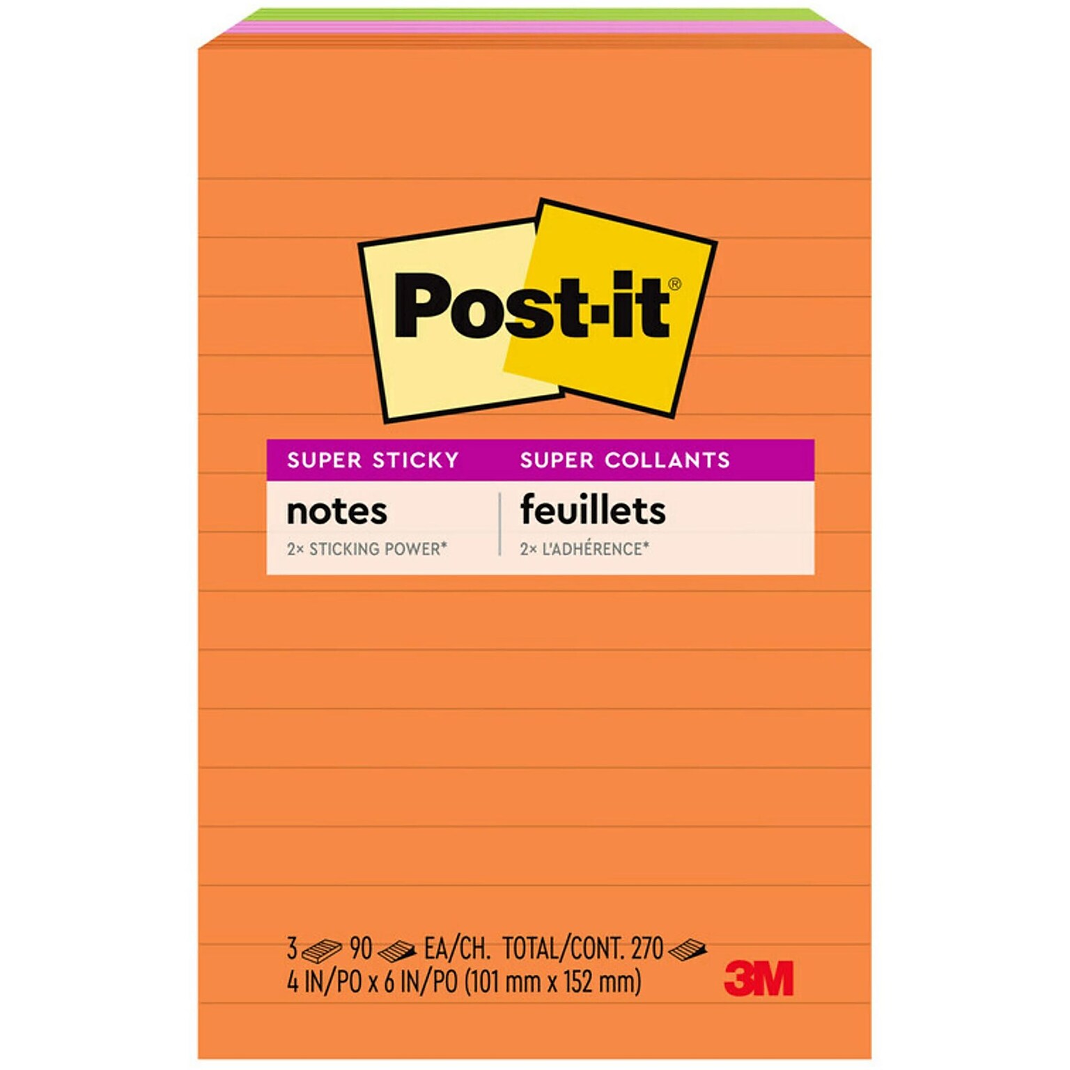 Post-it Super Sticky Notes, 4 x 6, Energy Boost Collection, Lined, 90 Sheet/Pad, 3 Pads/Pack (6603SSUC)
