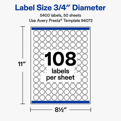 Avery Round Laser/Inkjet Multipurpose Labels, White, 108 Labels/Sheet, 50 Sheets/Pack (19479311241)