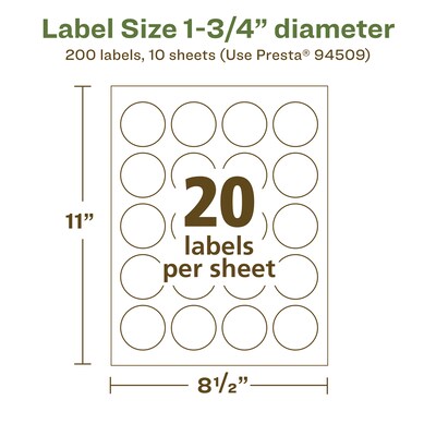 Avery EcoFriendly Laser/Inkjet Circle Multipurpose Labels, 1-3/4" Dia., White, 200/Pack (94509)