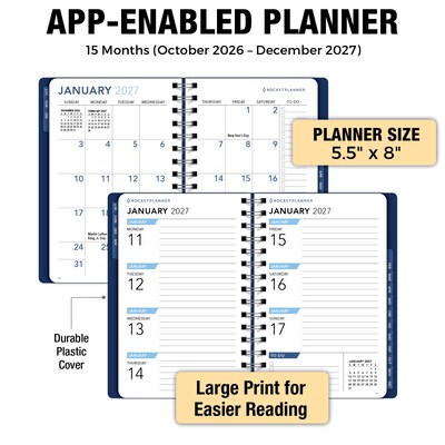 2027 Rocketbook Rocketplanner 6" x 8" Calendar Year Weekly & Monthly Planner, Plastic Cover (RKPL-CY27-5-NV)