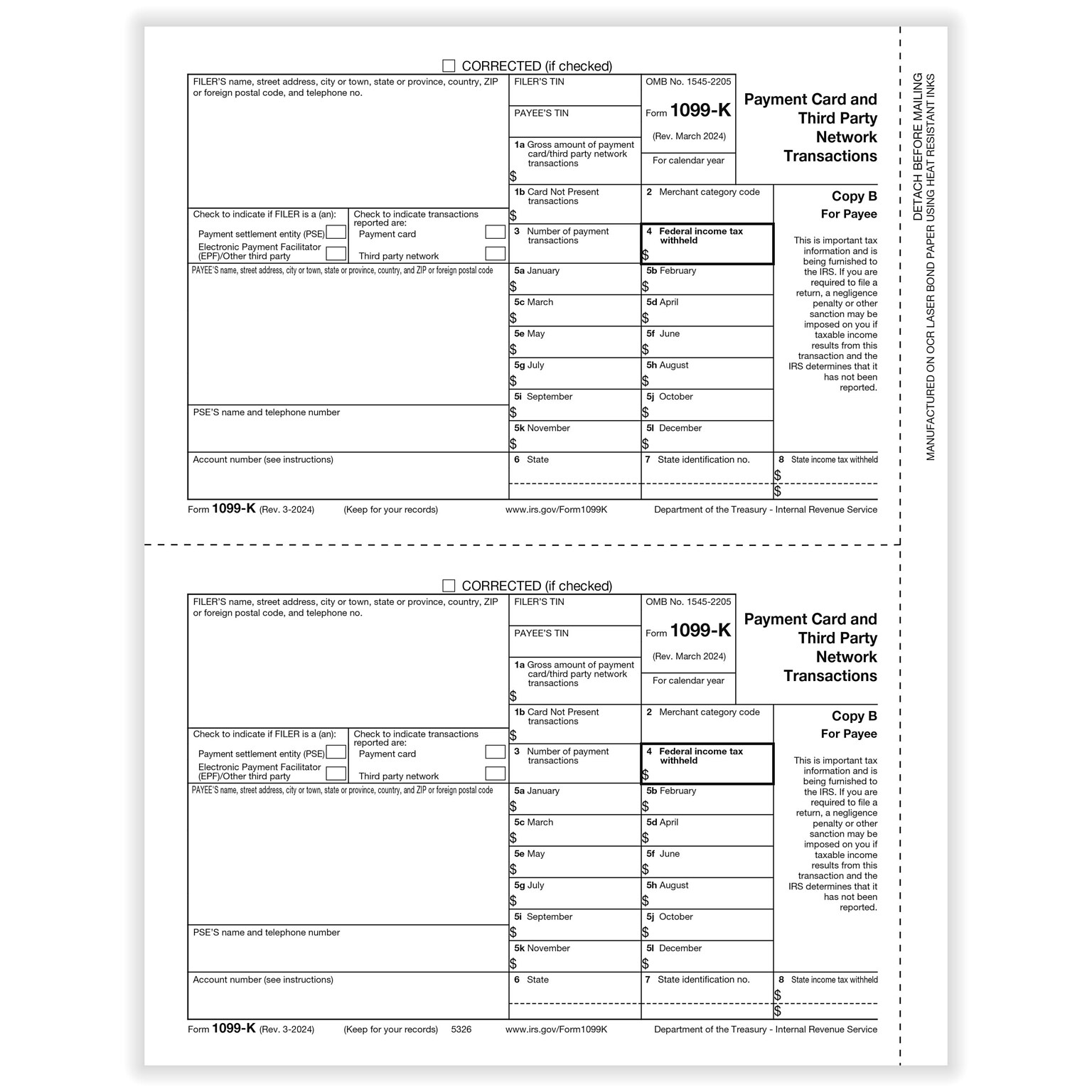 ComplyRight 2025 1099-K Tax Form, 1-Part, 2-Up, 50/Pack (532625)