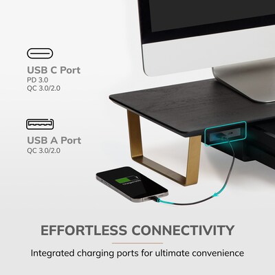 Anji Mountain Mango Wood & Metal Monitor Stand with Two USB Ports and Drawer, Black and Gold (MS-BLK-06GLD-PD)