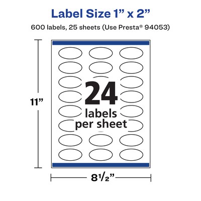 Avery Laser/Inkjet Oval Multipurpose Labels, 1" x 2", White, 600 Labels/Pack (94053)