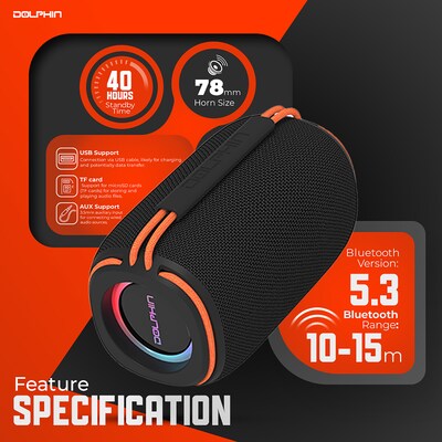 Dolphin Audio Diver Sport Wireless Bluetooth Mini TWS Portable Speaker with Lights, Waterproof, Black (DR-30)