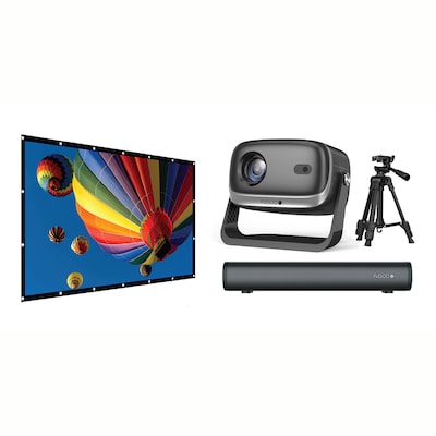 Fugoo Wireless 1080p Projector with 15.7 Bluetooth Soundbar, 120 Screen & Adjustable Tripod, Black (FPJ1080PS)