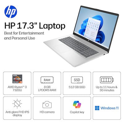 HP 17.3 Laptop, AMD Ryzen 3 7320U, 8GB RAM, 512GB SSD, +11 Hour Battery, Windows 11 Home
