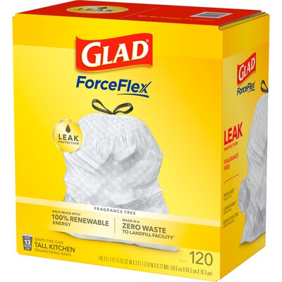 Glad ForceFlex Tall 13 Gallon Kitchen Drawstring Trash Bags, White, 120/Box (78939)