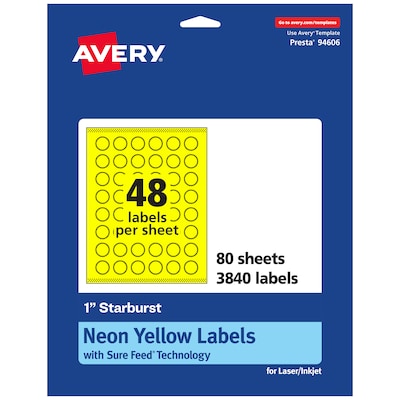 Avery Starburst Laser/Inkjet Multipurpose Labels, 1, Neon Yellow (3840/Box)