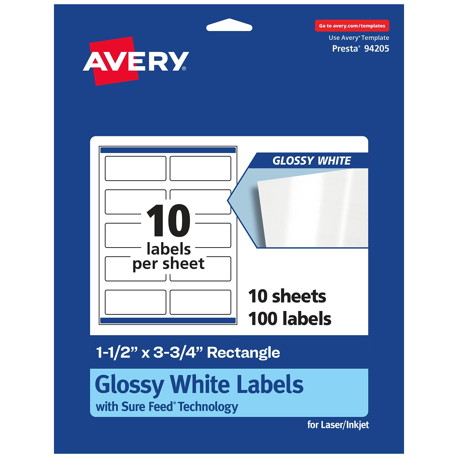 Avery Laser/Inkjet Multipurpose Labels,  1.5 x 3.75, White, 10 Labels/Sheet, 10 Sheets/Pack (94205-WGP10)