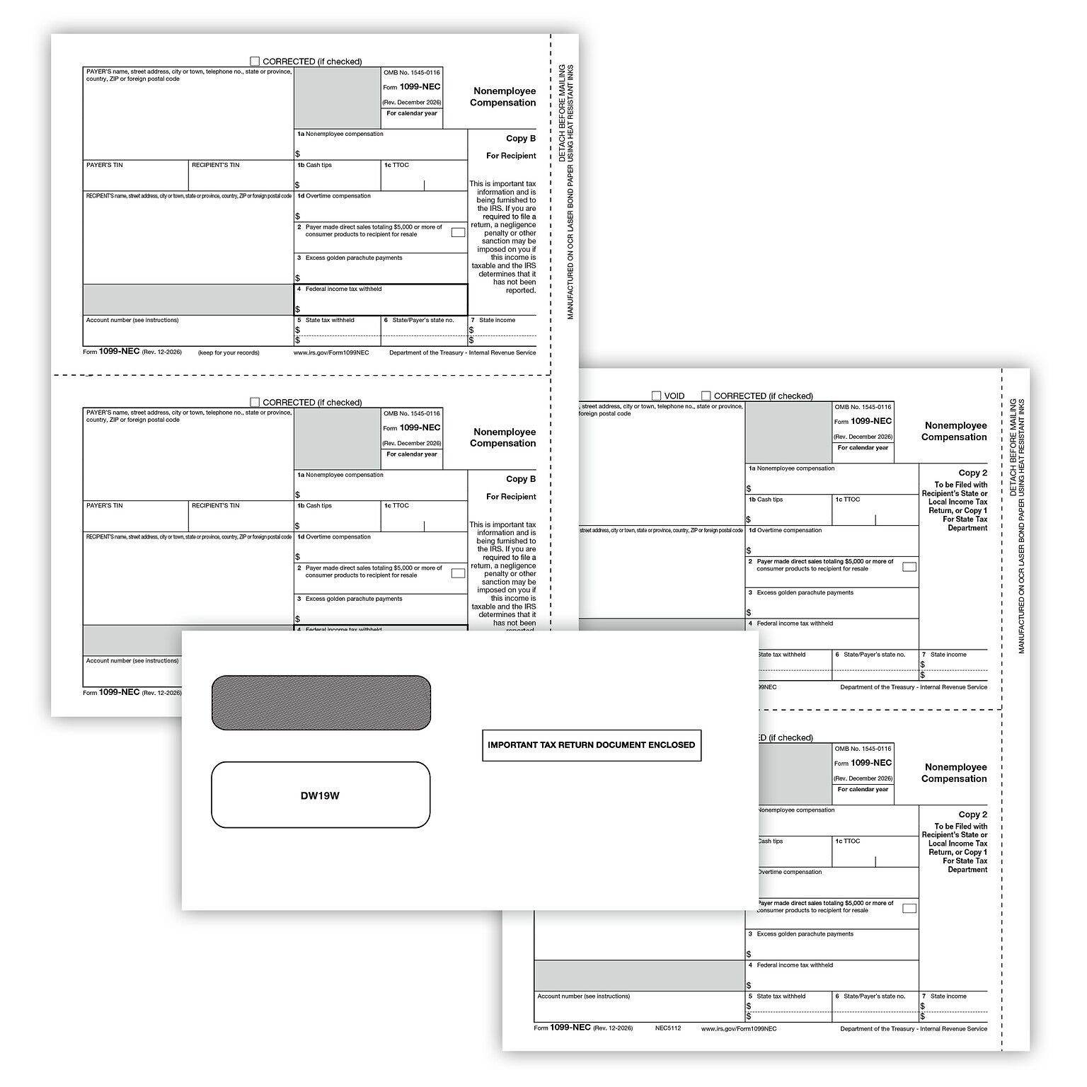 ComplyRight 2026 1099-NEC Tax Form Recipient Copy Only, 3-Part, 3-Up, Copy B, C/2, 50/Pack (NEC6113)