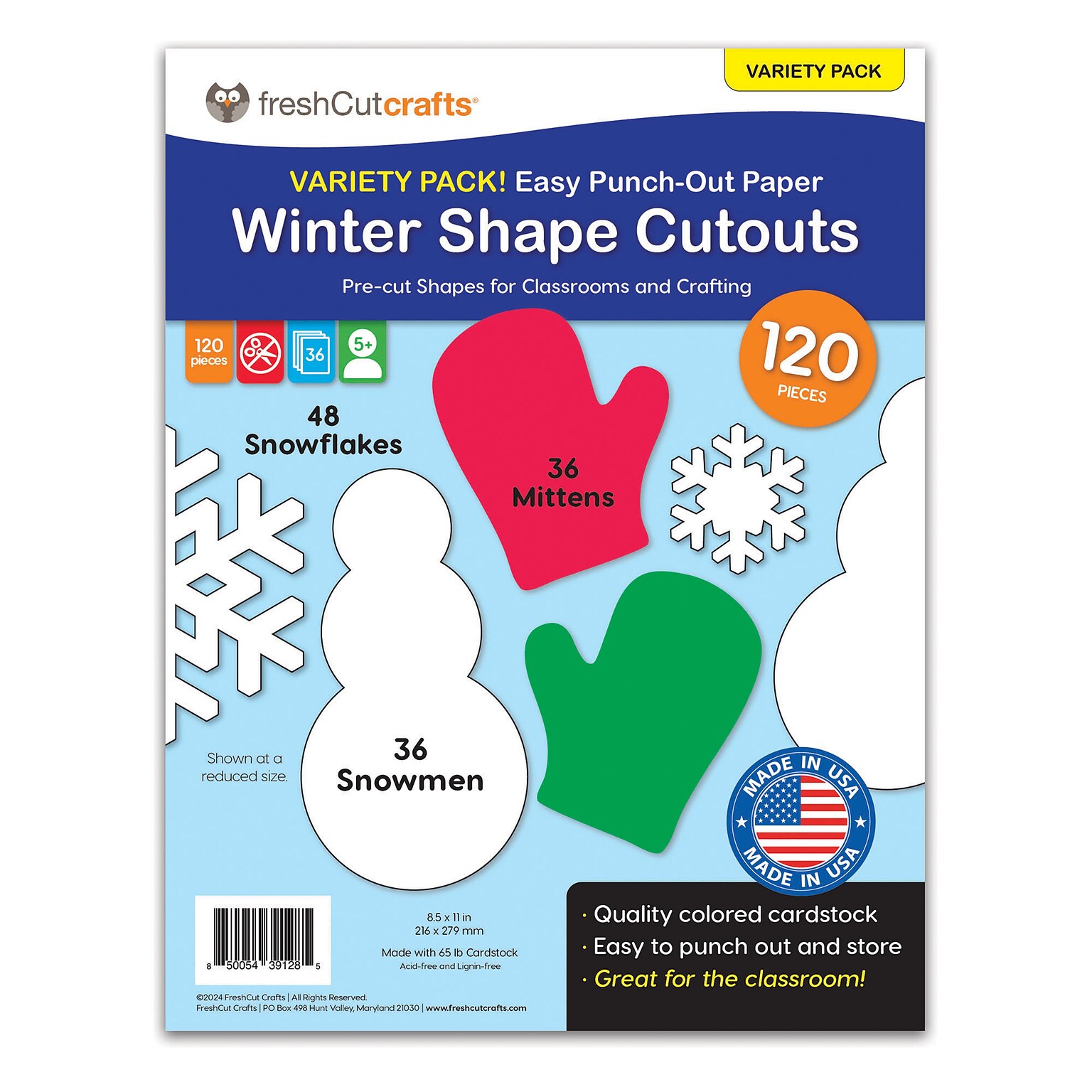 FreshCut Crafts Punch Out Paper Cutouts, Winter Shapes, Snowflakes, Mittens & Snowman, 120 Pieces (FCC850054391285)