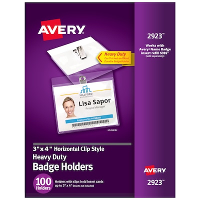 Avery Heavy Duty Clip Style Name Badge Holders, 3 x 4, Clear Landscape Holders, 100/Box (2923)