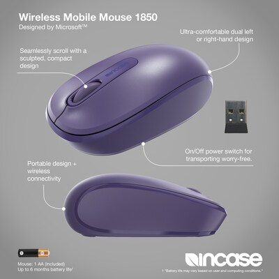 Incase Designed by Microsoft Wireless Mobile 1850 Ambidextrous Optical USB Mouse, Purple (U7Z-00041)