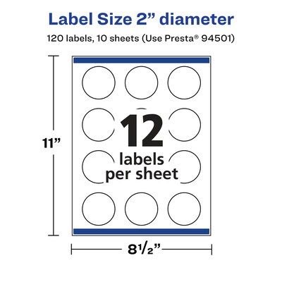 Avery Laser/Inkjet Round Multipurpose Labels, 2" Dia., 120 Labels/Pack (94501)