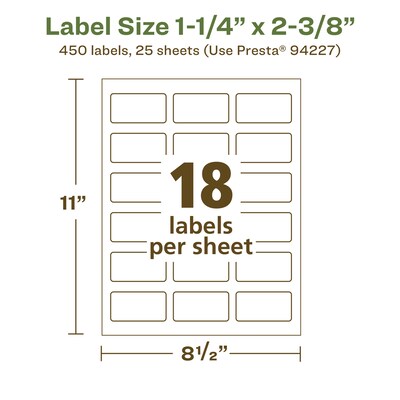 Avery EcoFriendly Laser/Inkjet Rectangle Multipurpose Labels, 1-1/4" x 2-3/8", White, 450/Pack (94227)