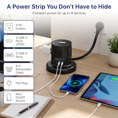 Uncaged Ergonomics Retractable Power Strip with USB-C, 4 AC Outlets, 4 USB Ports and 6ft Retractable Cord, Black (RC-black)