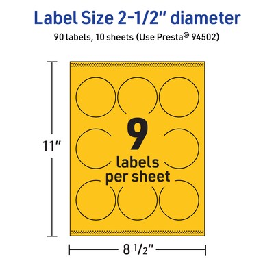 Avery Laser/Inkjet Round Multipurpose Labels, 2.5" Dia., Bright Yellow, 90/Pack (94502)