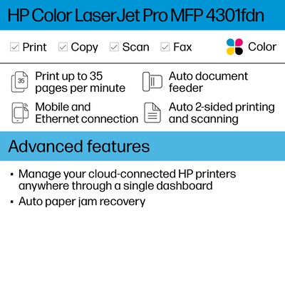 HP Color LaserJet Pro LJP 4301fdn Color Laser Printer, All-In-One, Print, Scan, Copy, Fax (4RA81F)