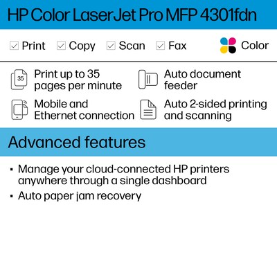 HP Color LaserJet Pro MFP 4301fdn All-in-One Printer, Scan, Copy, Fax, Mobile Print, Secure, Best for Small Teams (4RA81F)