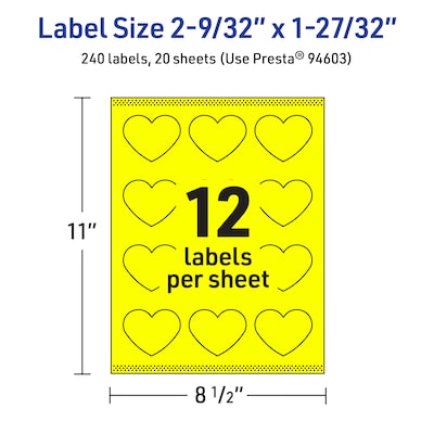 Avery Heart Laser/Inkjet Multipurpose Labels, 2-9/32" x 1-27/32", Neon Yellow (240/Pack)