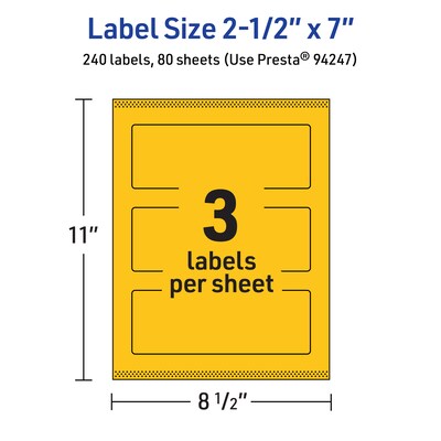 Avery Laser/Inkjet Rectangle Multipurpose Labels, 2.5" x 7", Bright Yellow, 240/Box (94247)