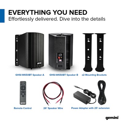 Gemini GHSI Series GHSI-W650BT-PR 300W Bluetooth Outdoor Speaker Set with Mounting Brackets and Remote, Pair, Black