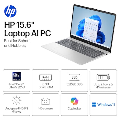 HP 15.6 FHD AI Laptop, Intel Core Ultra  5 225U, 8GB RAM, 512GB SSD, +9 Hours Battery, Windows 11 Home