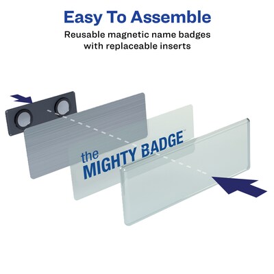 Avery The Mighty Badge Laser Reusable  Magnetic Name Badge System, 1" x 3", Silver, 80 Inserts, 10/Pack (71206)