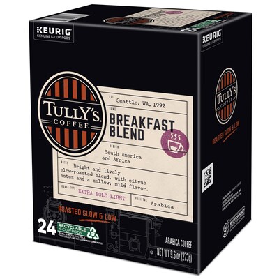 Tully's Breakfast Blend Extra Bold Coffee, Keurig K-Cup Pod, Light Roast, 96/Carton (192719CT)