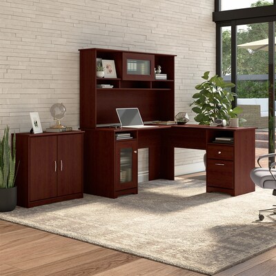 Bush Furniture Cabot 60W L Shaped Computer Desk with Hutch and Small Storage Cabinet, Harvest Cherr