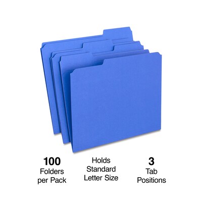 Staples® Reinforced File Folders, 1/3 Cut Tab, Letter Size, Blue, 100/Box (TR508911)