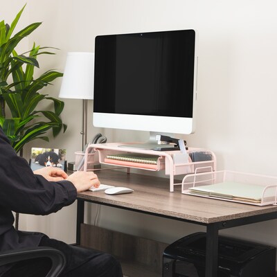 Mind Reader Monitor Stand with Paper Tray, Metal, Pink (MESHMONSTA-PNK)